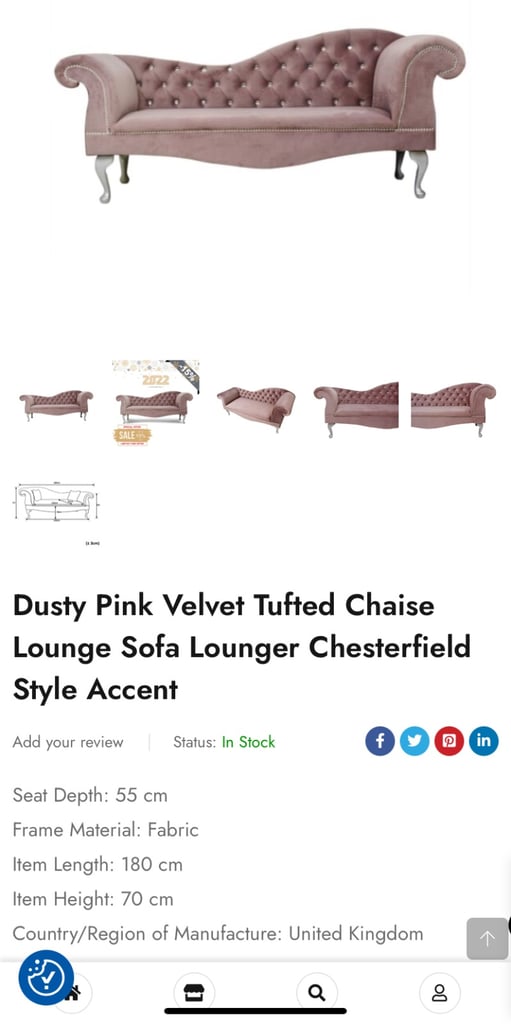 Dusty Pink Velvet Tufted Chaise Lounge Sofa Lounger Chesterfield Styl