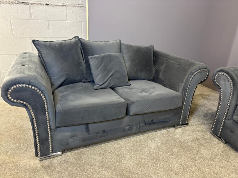 Grey French velvet 3 seater and 2 seater sofa DELIVERY AVAILABLE!