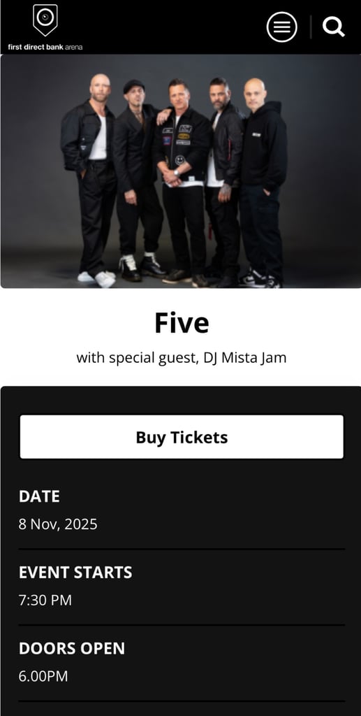 Luxury Experience VIP tickets for Five at Leeds First Direct Arena 8th November