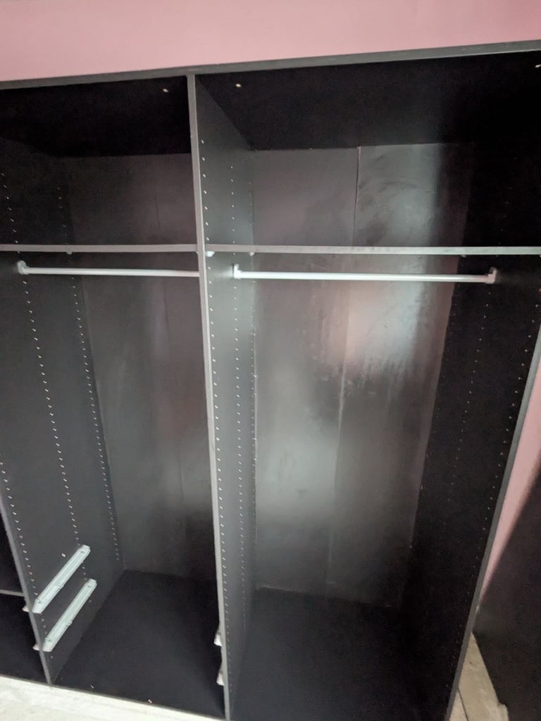 Black Ikea Pax 3 sliding mirror doors triple wardrobe 5 shelfs 3 rails 4 baskets