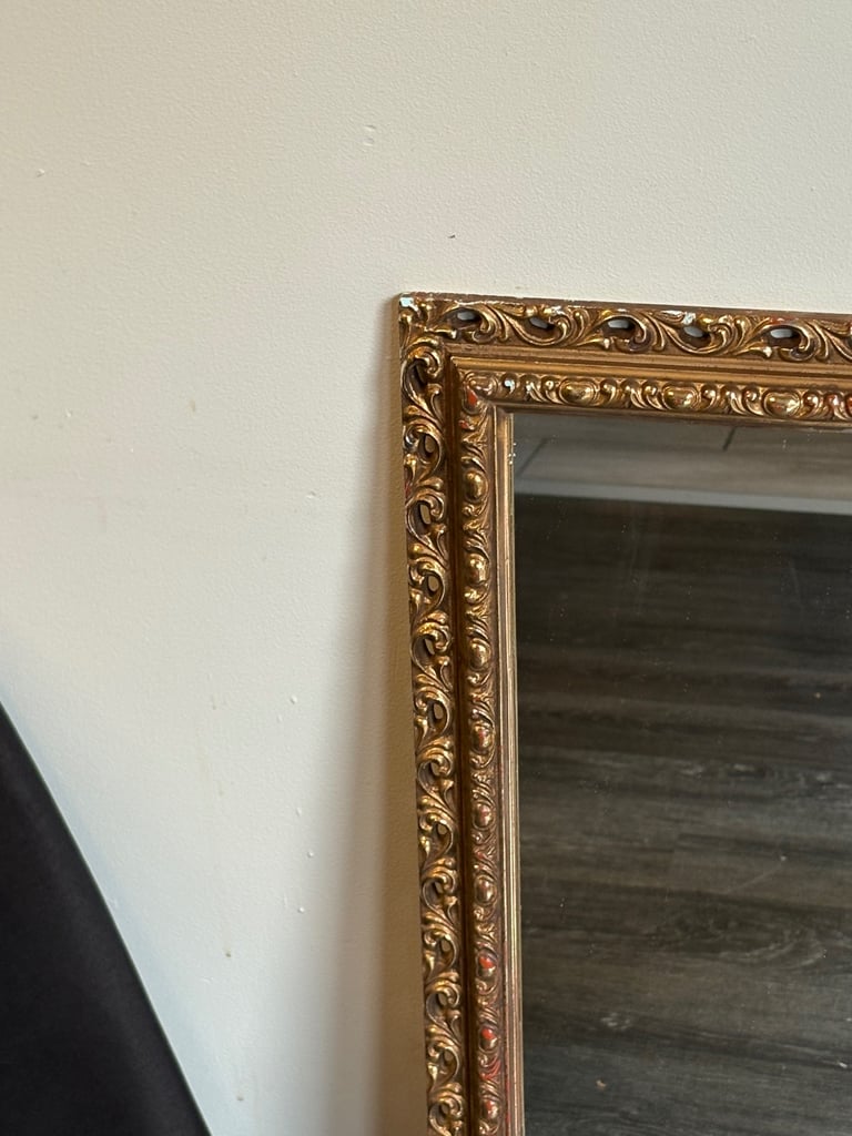 Large gold ornate vintage wooden mirror 33” x 21”