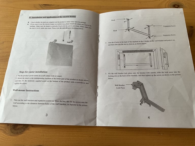 Wall Mounted Electric Heater with mounting bracket and service manual