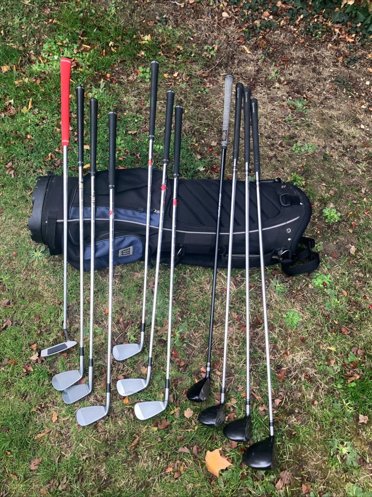 Men’s Golf Clubs Taylormade Steel Woods Mizuno Irons Trilogy Putter Stand Bag 