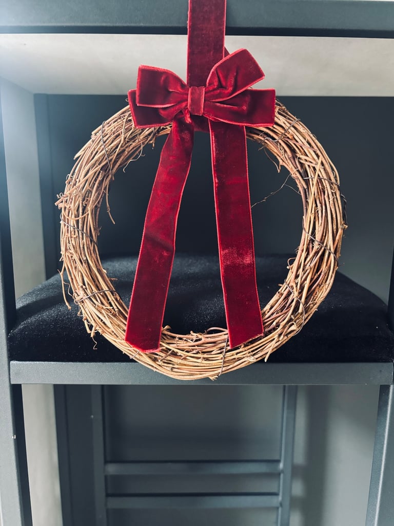 Handmade Rustic Vine Wreath with Red Wine Velvet Bow and Ribbon.