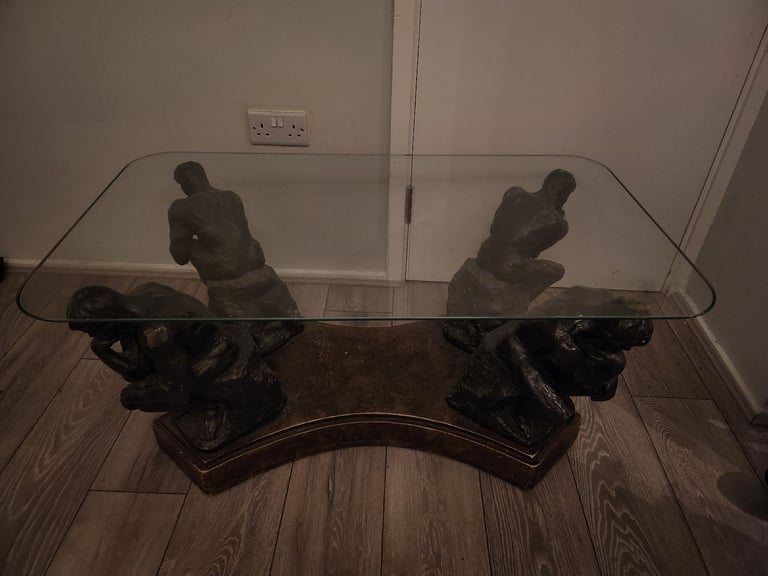 Vintage Gothic Sculpture Glass Top Coffee Table (Heavy Glass Rodin's Thinker Base) GOING IN 3 DAYS