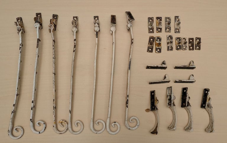 Bundle Vintage 1930's Cast Iron Monkey Tail Window Stays, Window Catches & Posts