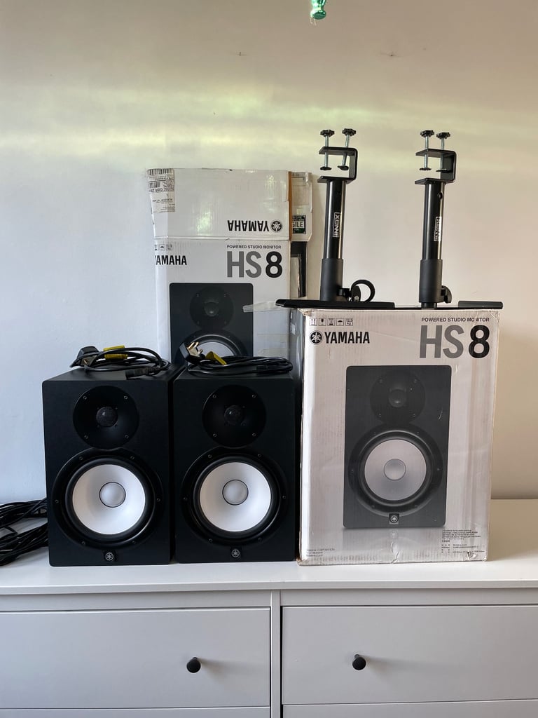 Yamaha HS8 Studio Monitors Pair with Stands XLR cables, Power leads and boxes