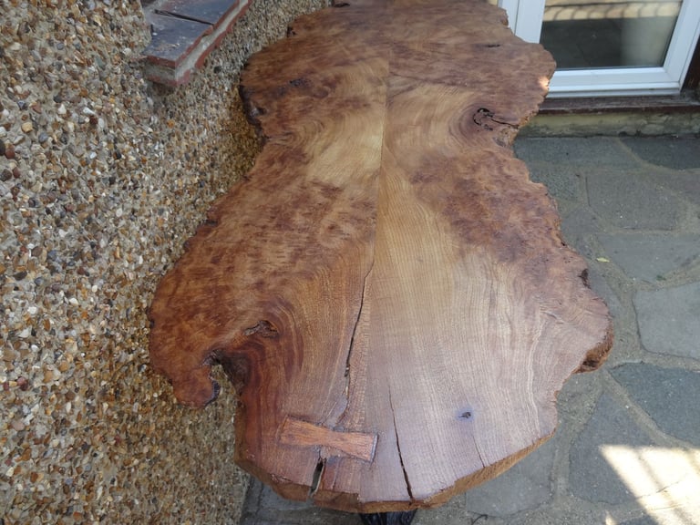 LIVE EDGE TABLE ~ SLAB OF BURR WALNUT ON A DOUBLE TRIPOD BASE ~ 