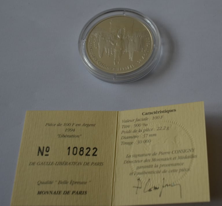 100 FRANCS SILVER PROOF LIBERATION DE PARIS COIN