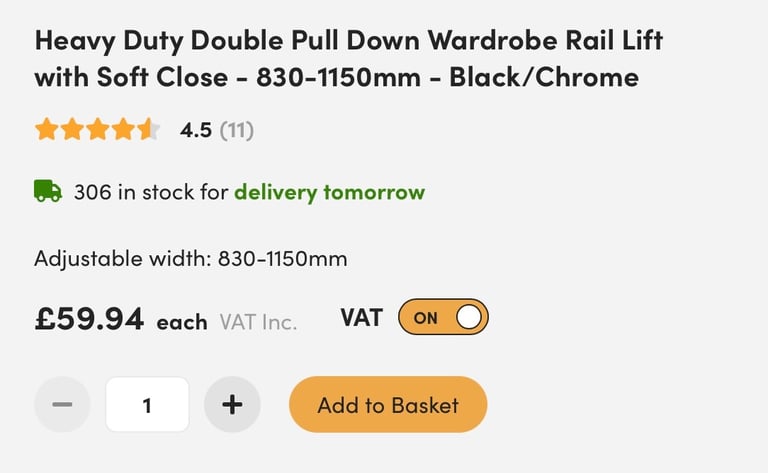 LESS THAN HALF PRICE 2 x pull down clothes rails with soft close - 830 mm - 1150 mm