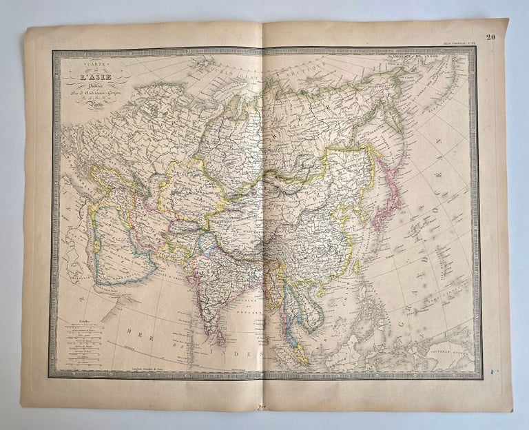image for 1850 Antique Victorian Large Atlas Engraved Map Asia Continent (French) Beautiful Details 56x46.5 cm