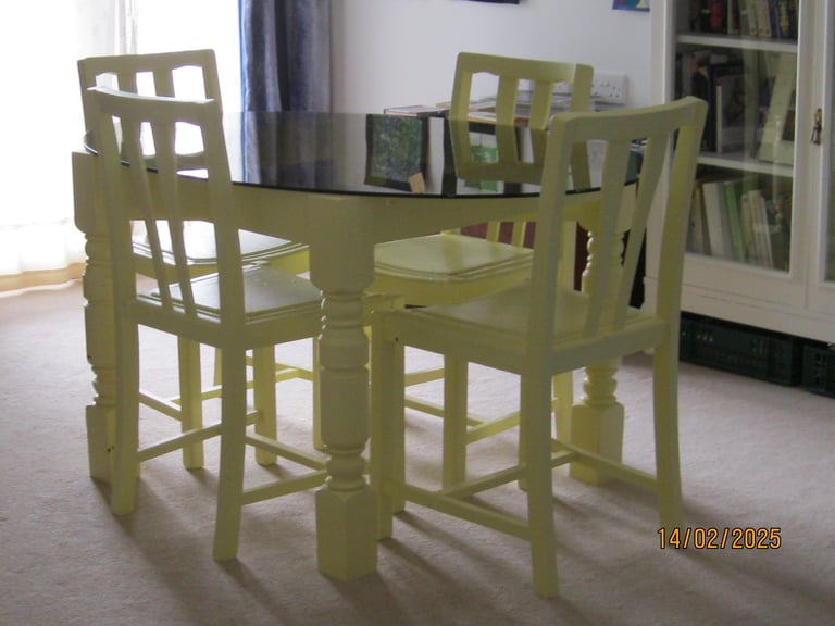 Smoked Glass Top Dinning Table with Painted Wood Base and 4 Painted Wood Chairs