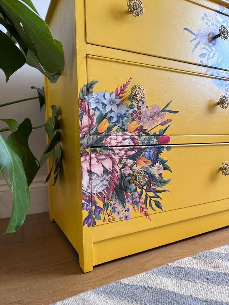 Small Chest of Drawers Bedside Table Yellow Painted , flowers transfer