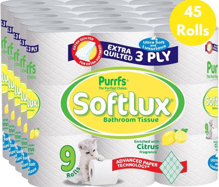 image for Toilet Rolls 45 pcs Softlux Purffs Aloe Vera Free Local Delivery 3 Ply Quality Soft Toilet Rolls