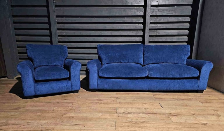Fabric 4 Seater Sofa & Chair - Blue. 