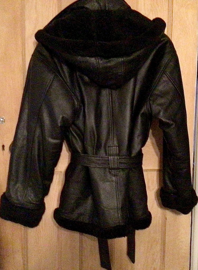 Black leather Ladies coat with hood