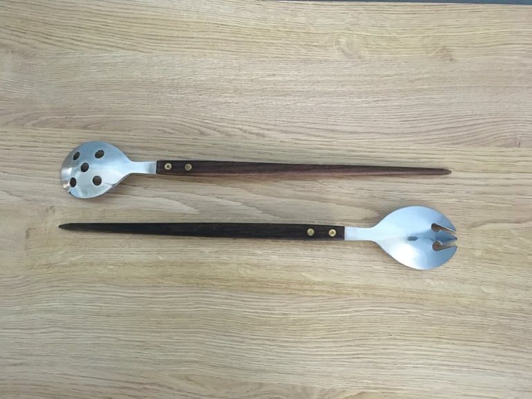 Vintage mid-century stainless steel and wood salad servers