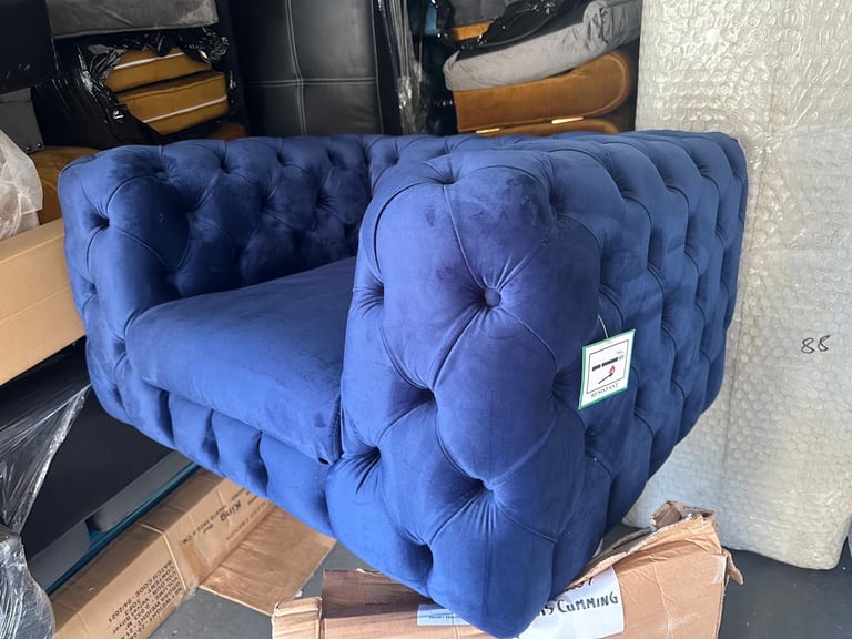 3/1 blue plush velvet chesterfield button sofa set