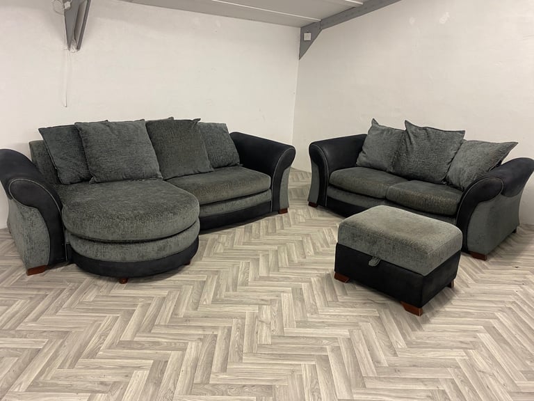 image for Lovely Reid’s grey fabric sofas and footstool 
