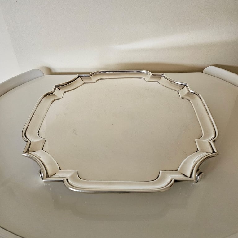 12 inch  Heavy Square Antique Sterling Silver Salver, London, 1052g 