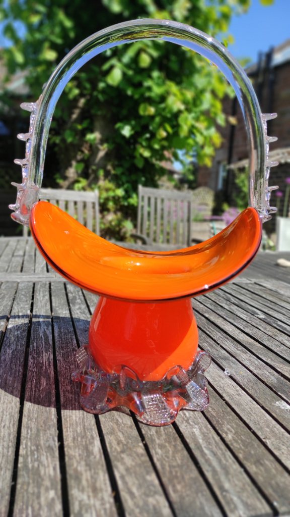 Orange Tango Glass Basket in the manner of Michael Powolny for Loetz