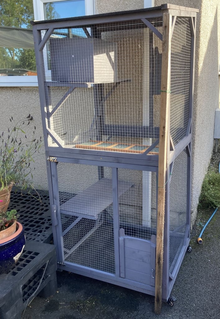 image for Catio Large Wooden cat house outside/inside 182 cm tall on wheels with asphalt tilting roof