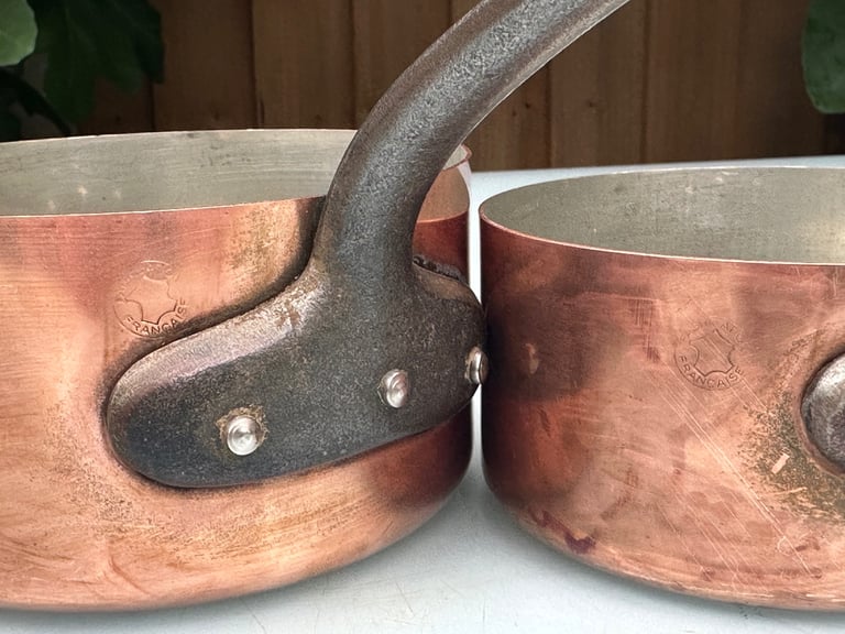 VINTAGE FRENCH COPPER PANS, SET OF FOUR LINED SAUCEPANS, 18-12cm - FABRICATION FRANCAIS - WILL POST!