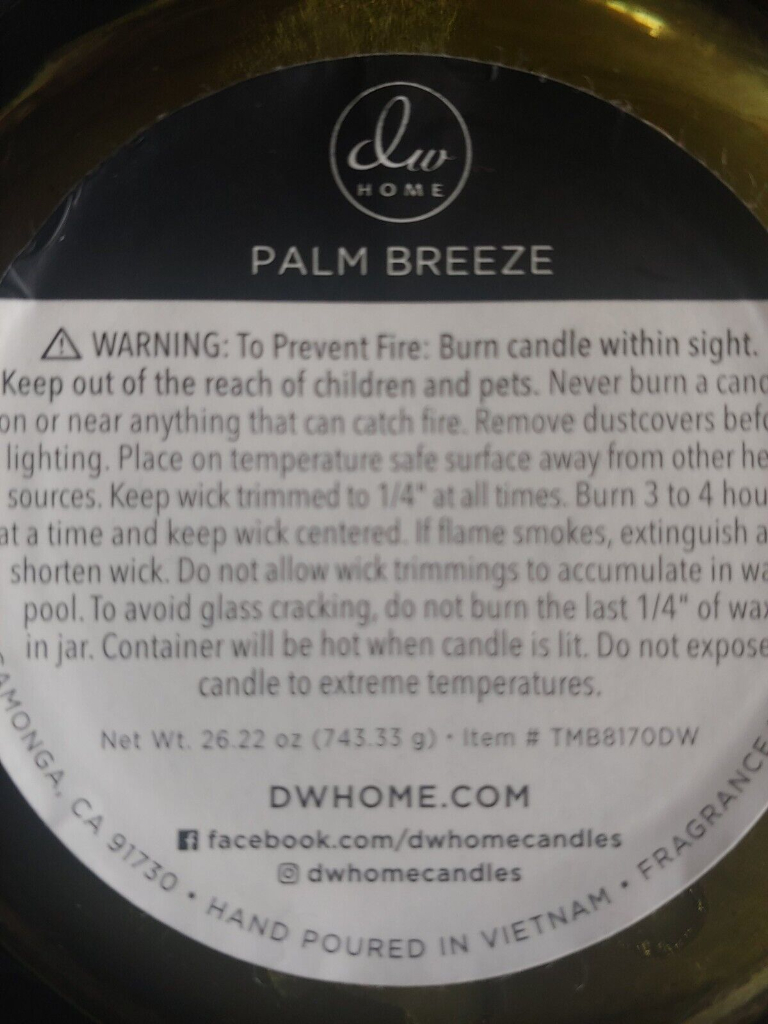 New DW Home Palm Breeze Scented XXL Large Candle 743g 26.2oz Burn 90 Hrs