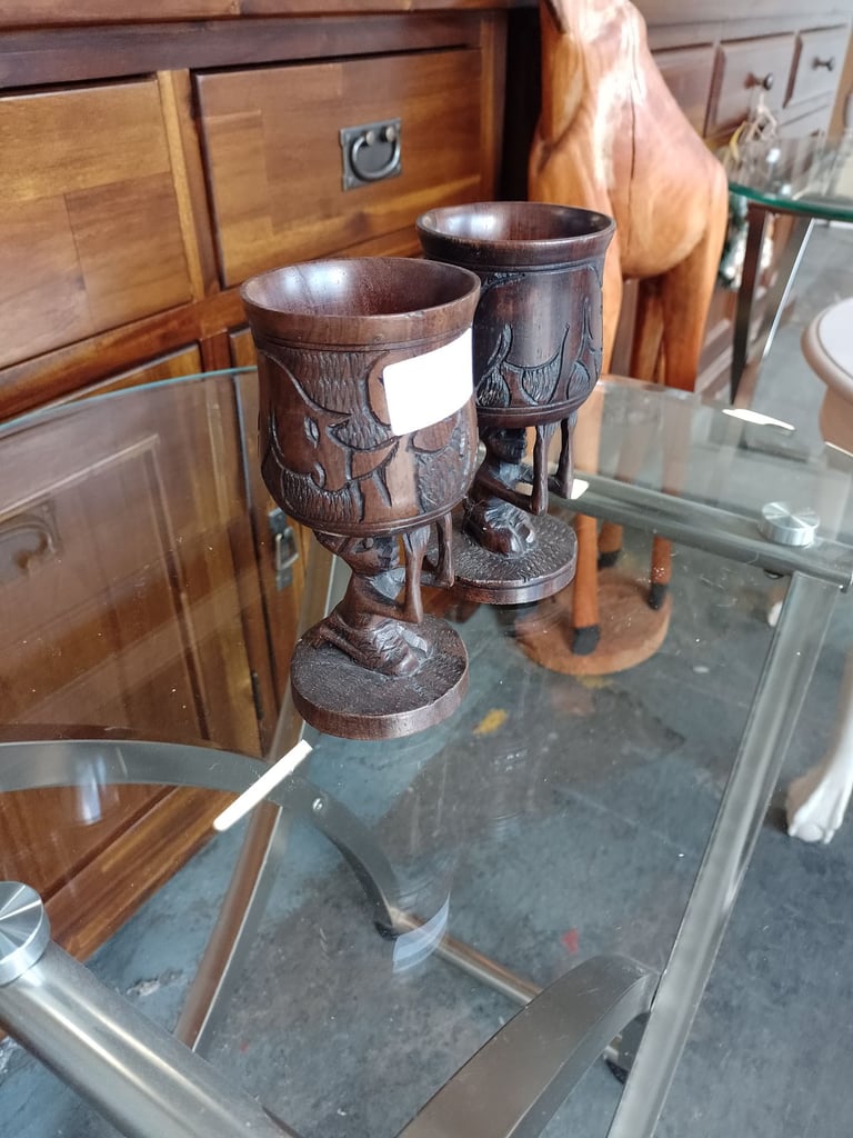 Pair of vintage hand carved wooden goblet, ref:18440 £20.00