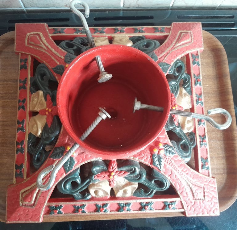 Cast Iron Square Red Stand Victorian Decorated for Real Christmas Tree up to 8ft