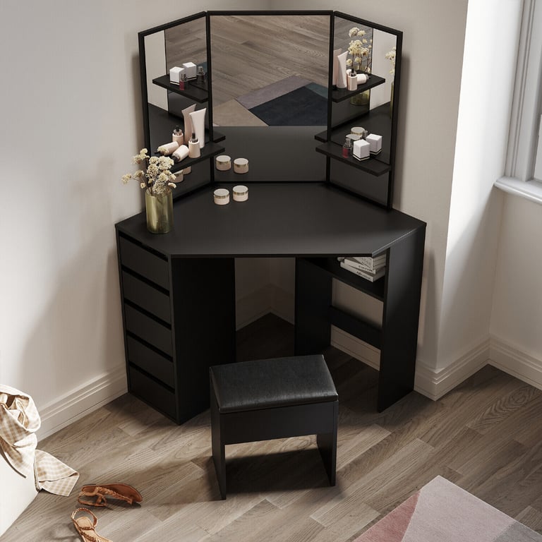 New Black 5 Drawers Makeup Desk with Mirror and Stool RRP £215 Our Price £140