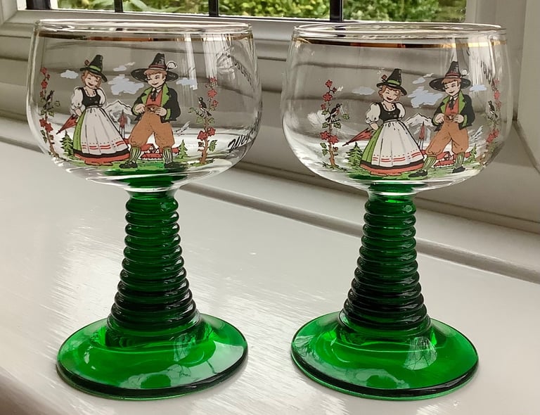 Vintage Roemer Ribbed Green Stemmed Glasses, Set of Two