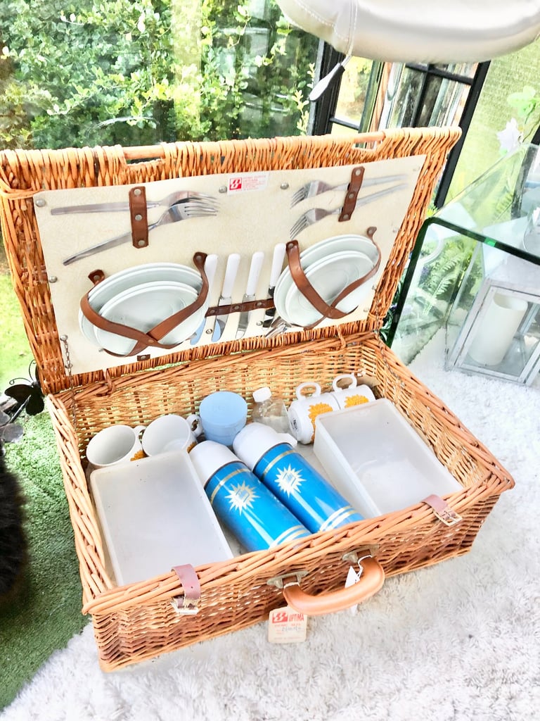 image for Wicker hamper complete with contents  Large antique vintage optima picnic set