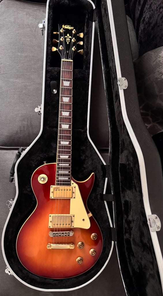 Vintage V100 Cherry Sunburst Electric Guitar w/ Gator case & Marshall MG30CFX Amp