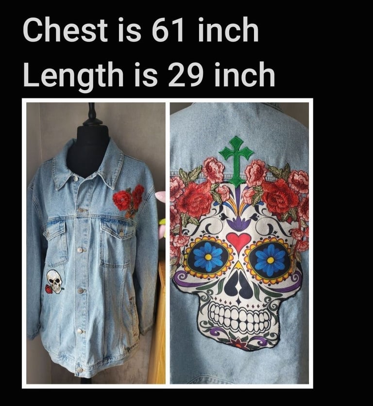 image for Denim jacket plus size 28 upcycled skull and roses