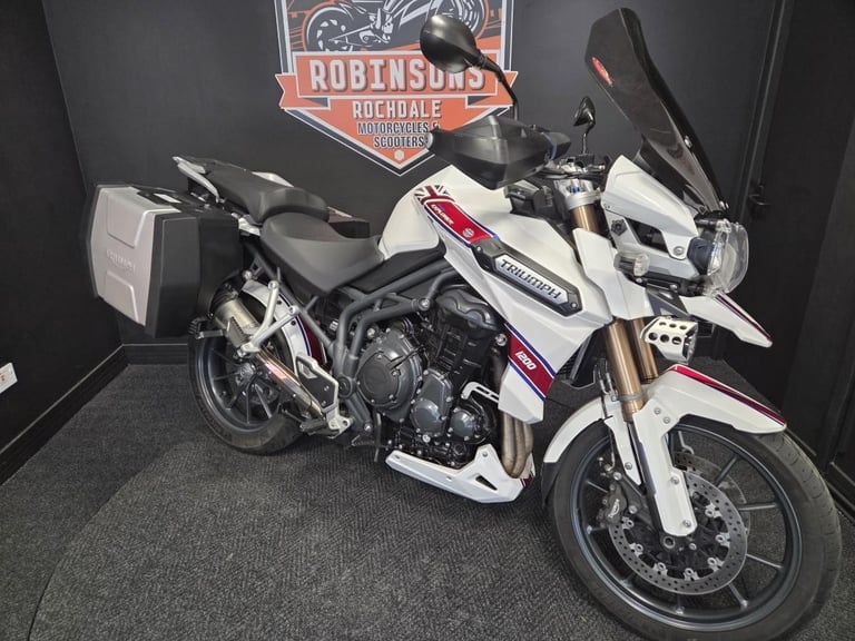 2013 Triumph Tiger Explorer 1215 in white with luggage.