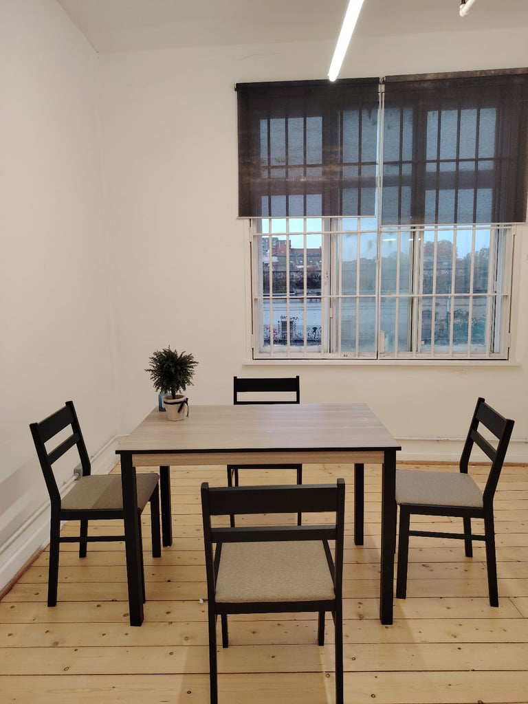 Modern White Wood Table  and 4 Chairs Set Black Metal Frame Home Office