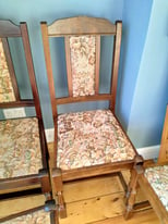 Dining chairs x5, dark wood, tapestry upholstered