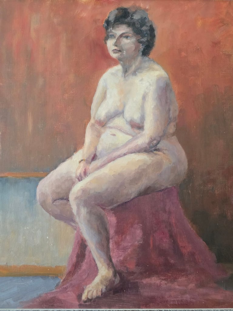 Large framed oil painting on board - nude woman - unknown artist