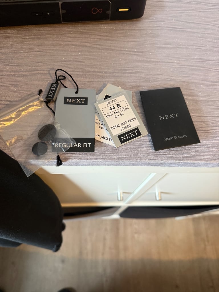 Black Dinner suit from Next 44R jacket/ 32R W 31.5L trousers Worn once 