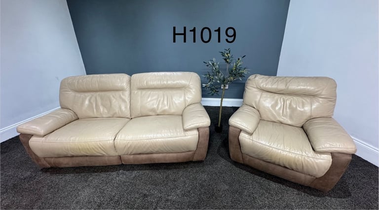 SCS Two Tone biscuit Leather & Brown Suede Fabric Power Recliner 3 Seater Sofa & Armchair  £395 