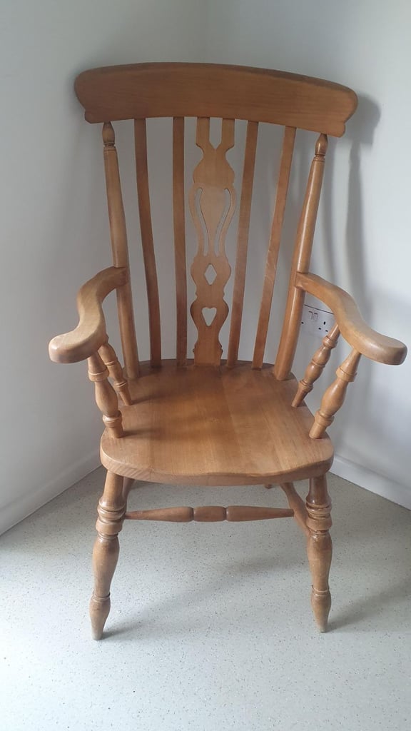 image for Large solid wooden Farmhouse Carver Armchair with fiddleback design