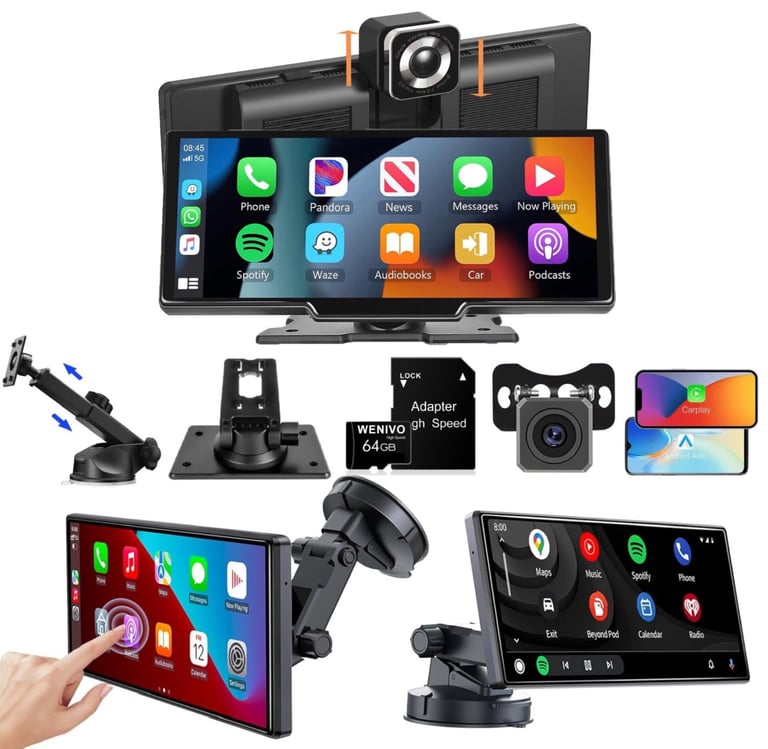 10.26" Touchscreen Wireless Apple CarPlay Android Auto Portable Screen Front Rear Camera Dashcam