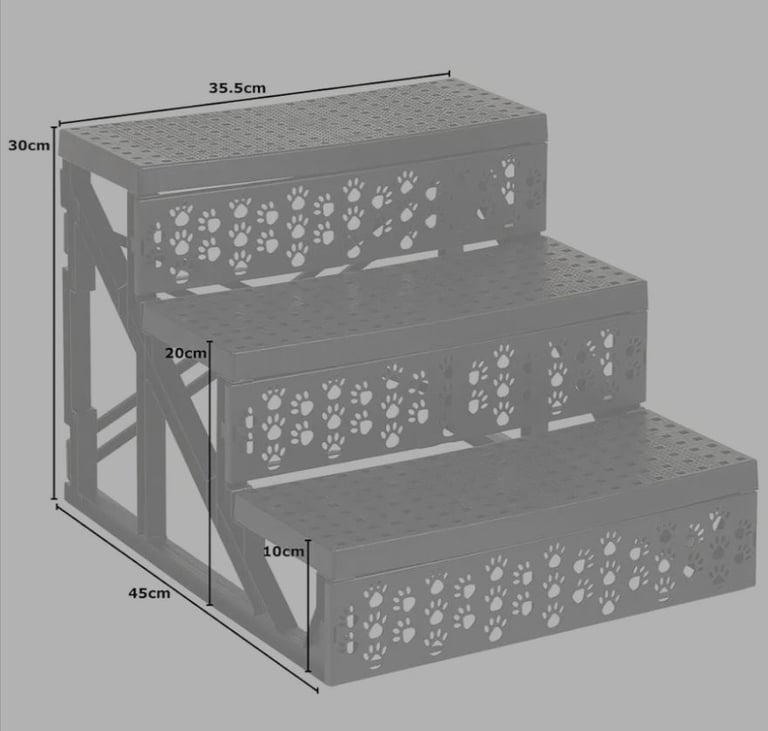 A new already built plastic 3 step pet stairs with grey cover the 