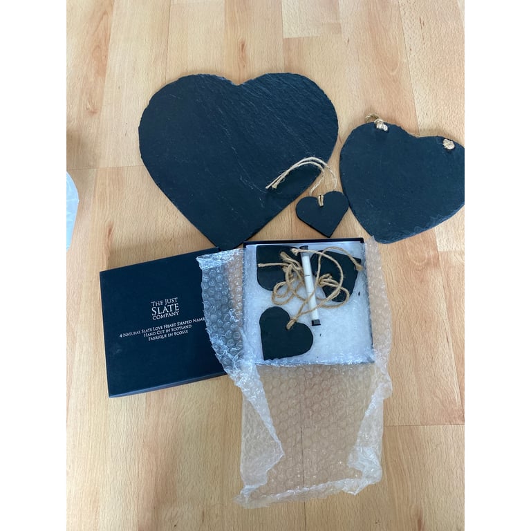 image for Just Slate Heart Shaped Cake cheese board, 4 Name Tags & hanging Board