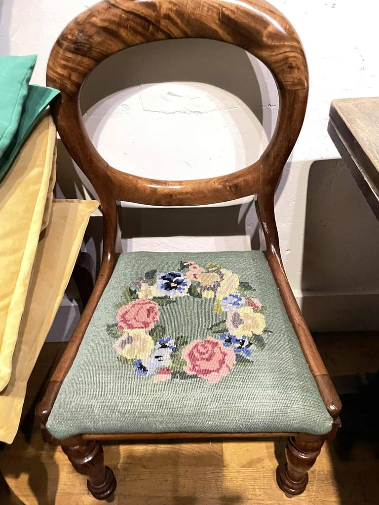  Victorian mahogany balloon-back dining chair with ta needlepoint upholstered seat. 