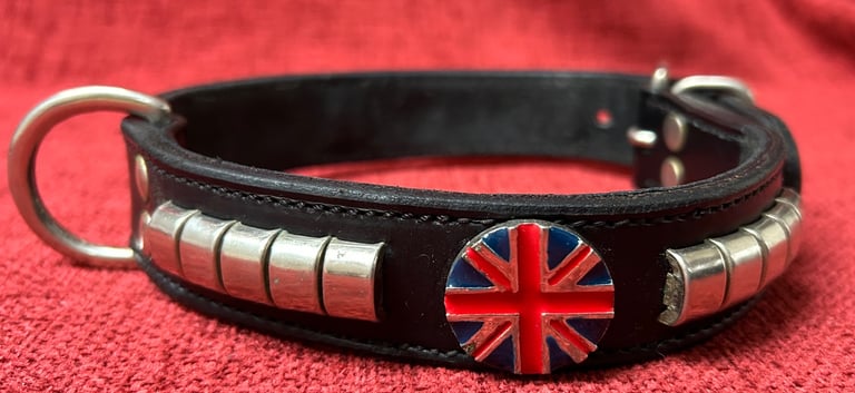 image for Vintage Chunky Leather Dog Collar Metal Studs Union Jack Adjustable Length 22”