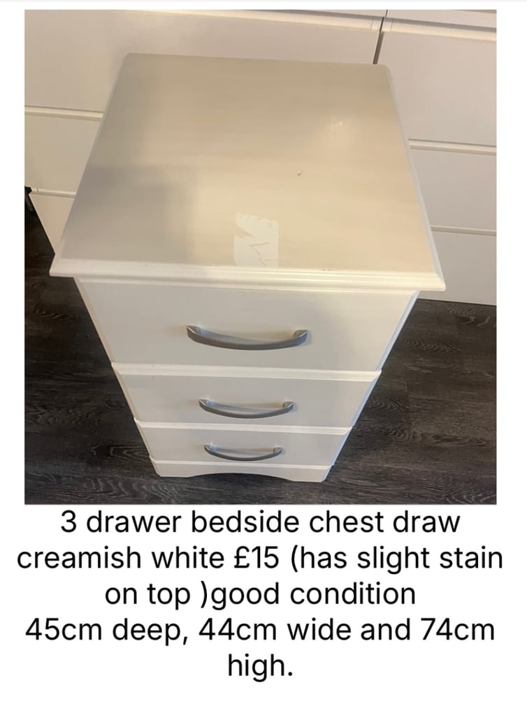 image for 3 drawer bedside chest draw creamish white £15 (has slight stain on top )good condition 