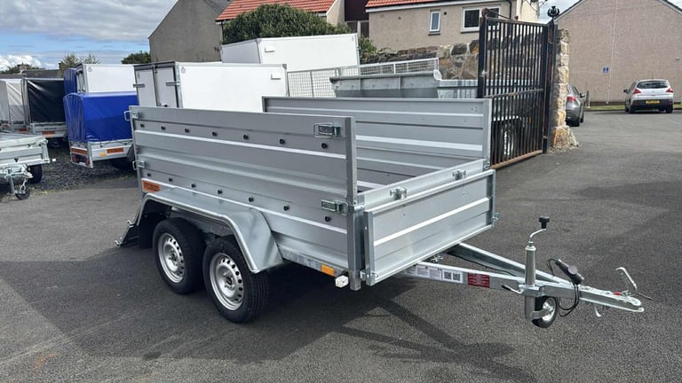 BRAND NEW 7,7FT X 4,2FT TWIN AXLE DOUBLE BROADSIDE TRAILER 750KG UN BRAKED
