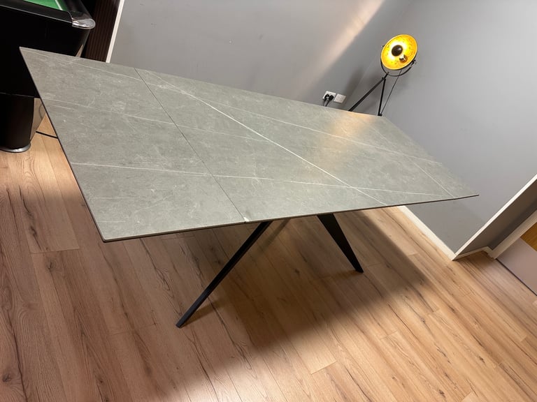 TRENTO Grey Ceramic and Black Metal 6-8 Seater Extendable Dining Table Oak FurnitureLand